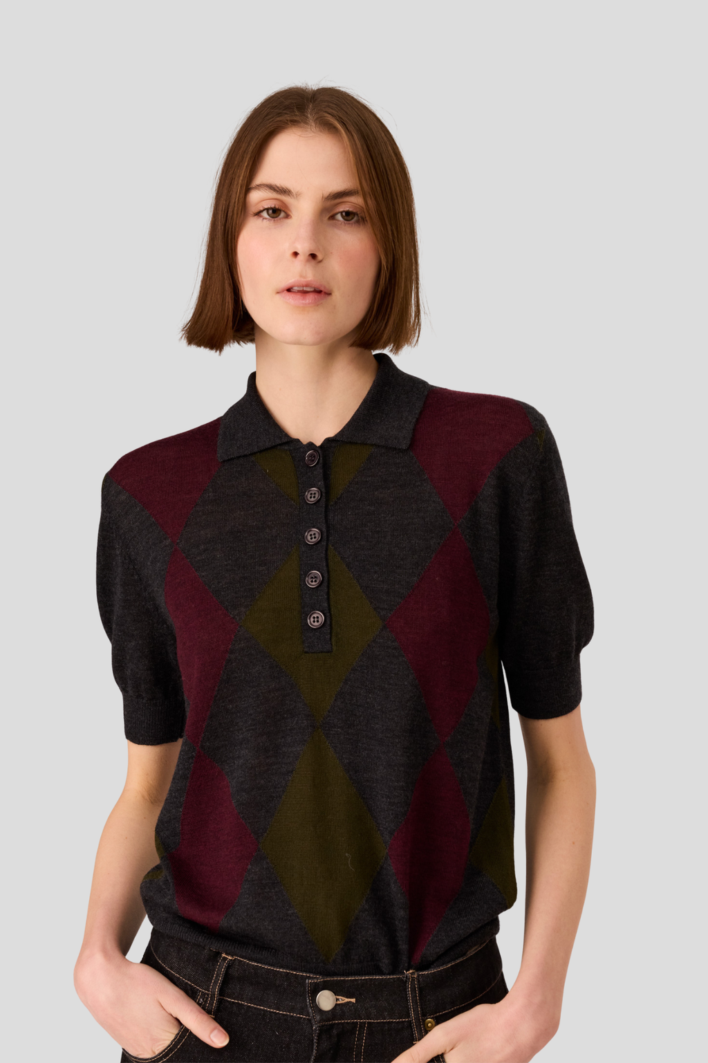 Shop POL Meira Argyle Knit Tee - Charcoal/Khaki/Merlot | Leven Cambridge