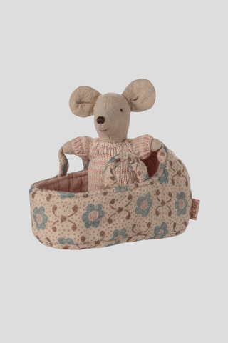 Maileg Baby Mouse in Carry Cot - Rose