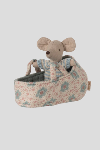 Maileg Baby Mouse in Carry Cot - Blue