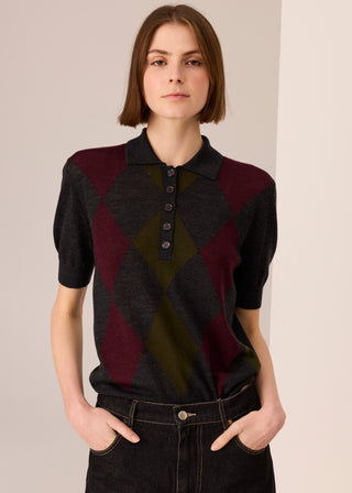 POL Meira Argyle Knit Tee - Charcoal/Khaki/Merlot