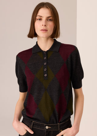 POL Meira Argyle Knit Tee - Charcoal/Khaki/Merlot